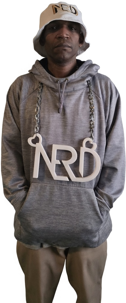 Musashi Sampson, founder of Kintsugi Industries, in a NERD bucket hat and NERD chain